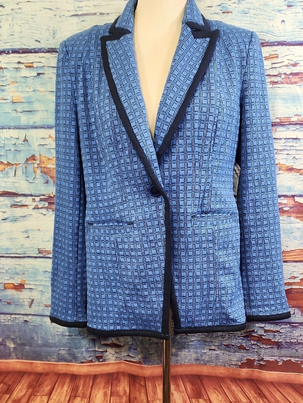 CAbi Blue Textured Blazer with Navy Trim